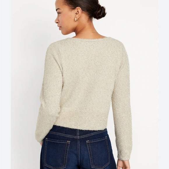 NWT Old Navy Ivory Gold Metallic Textured Shine Crop Button V Neck Cardigan - Picture 8 of 13